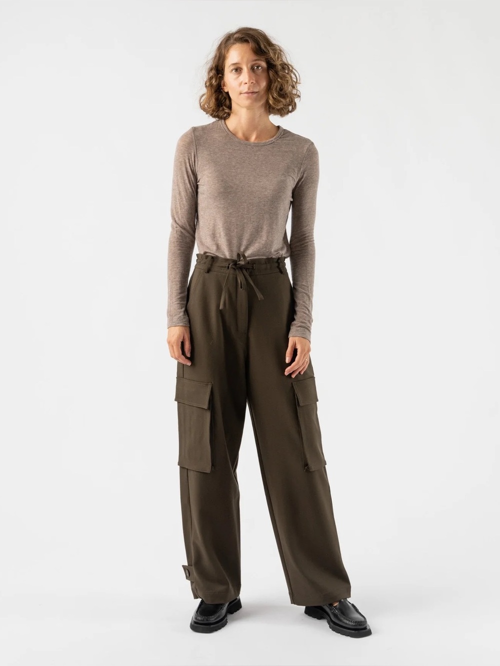 Mijeong Park Wide Leg Cargo Pants in Olive.